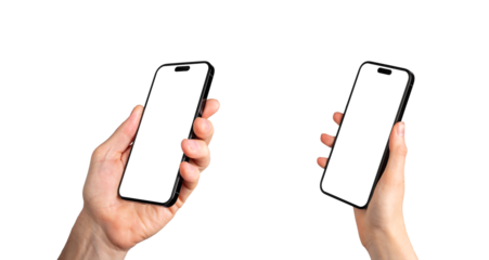 Berlin, Germany June 01 2023 Hands holding mobile phone screen mock-ups, iphone 14 pro smartphone mockups set, isolated on white