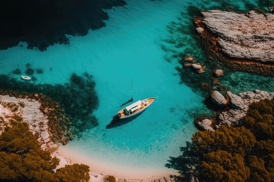 On the lagoon, there is a boat. Aerial view of a sea bay and a lone boat. Sea color is blue. vacations and travel. aerial picture of a rural area in the summer. Generative AI