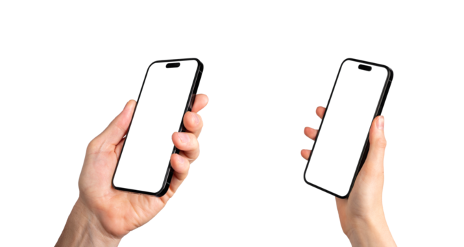 Berlin, Germany June 01 2023 Hands holding mobile phone screen mock-ups, iphone 14 pro smartphone mockups set, isolated on white