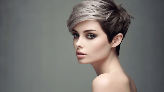 A sophisticated and polished pixie cut with a subtle touch of femininity Generative AI