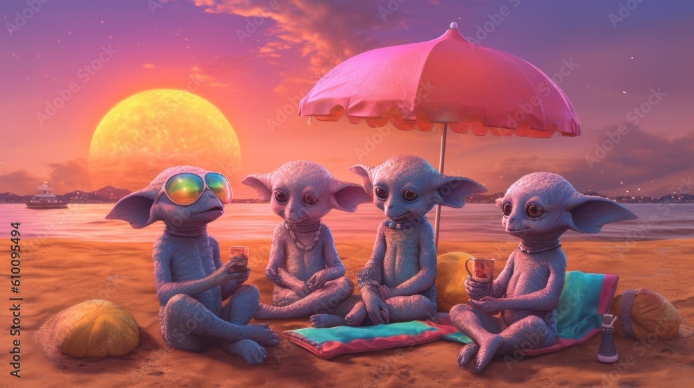 Poster a group of alien like creatures sitting on a beach. generative ai image.