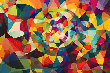 Colorful overlapping circles and triangles in a chaotic yet harmonious pattern, generative ai