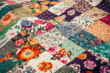 Colorful patchwork blanket with a variety of floral and nature-inspired prints, generative ai