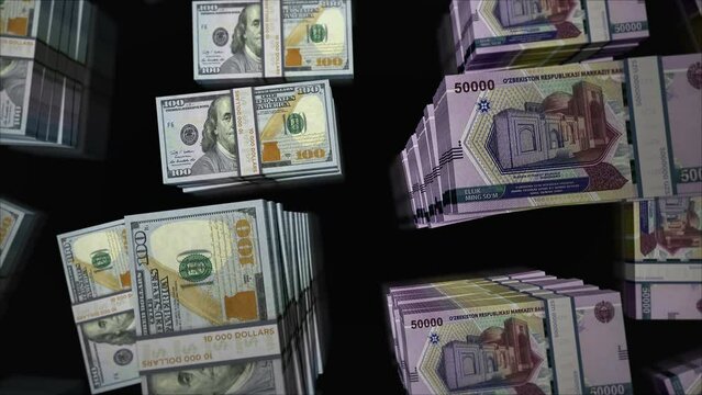 American Dollar and Uzbekistan Sum money exchange. Banknotes pack bundle. Concept of trade, economy, competition, crisis, banking and finance. Notes loopable seamless 3d.