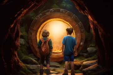 Fototapeta na wymiar Children in the forest in front of round portal to fantasy dimensions. Generative AI