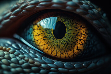 Obraz premium Close up of colourful lizard eye. A macro of a reptile multi colored eye. Generative AI