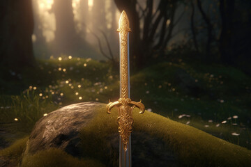 Magic sword in the stone. Medieval sword of legend, magic and power. Generative AI