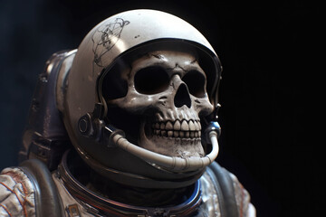 A skullface astronaut in the space suit and a helmet. A dead spaceman in the space. Generative AI