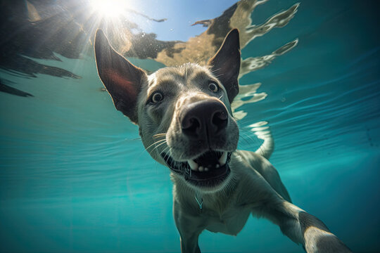 Underwater funny photo of dog, dive deep down. Summer vacation with pet. Closeup underwater photo of a dog. Generative AI illustration