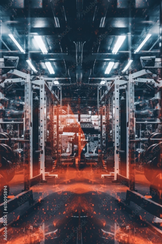 Poster A man is standing in a gym with heavy equipment. Generative AI image.