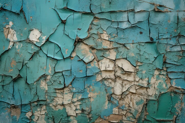 Cracked and peeling paint in shades of blue and green, creating a distressed and artistic wallpaper, generative ai