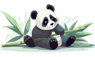  a panda bear sitting on the ground with a bamboo stick in its paws and holding a bamboo stick in its paws, with a white background.  generative ai