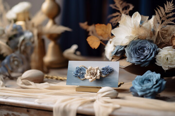 Naklejka na ściany i meble Place card beige blue flowers romantic watercolor florals, Generative AI