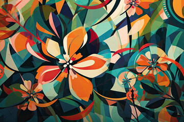Fototapeta na wymiar cubist-style wallpaper design featuring a vibrant and abstract interpretation of a floral pattern, with bold colors and overlapping shapes, generative ai
