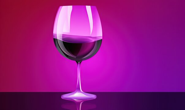  a glass of red wine on a purple and pink background with a reflection of the wine in the wine glass and the wine glass is almost empty.  generative ai