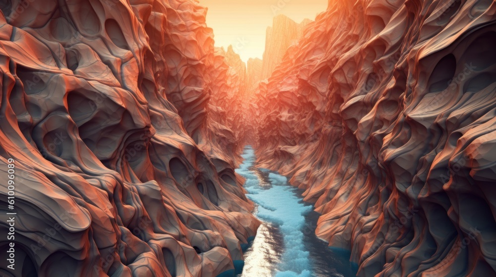 Poster a river running through a canyon in the middle of a mountain. generative ai image.