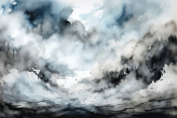 Dark watercolor clouds in shades of gray and black with a hint of blue, generative ai