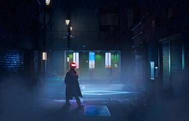 Fototapeta na wymiar Futuristic cyberpunk downtown in the rain. Generative AI. Generative. AI. 