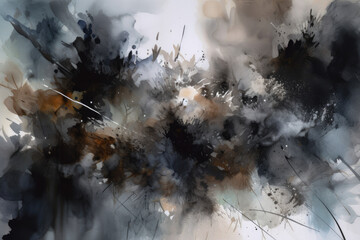 Dark watercolor splatters in shades of black and gray with subtle hints of white and blue, generative ai