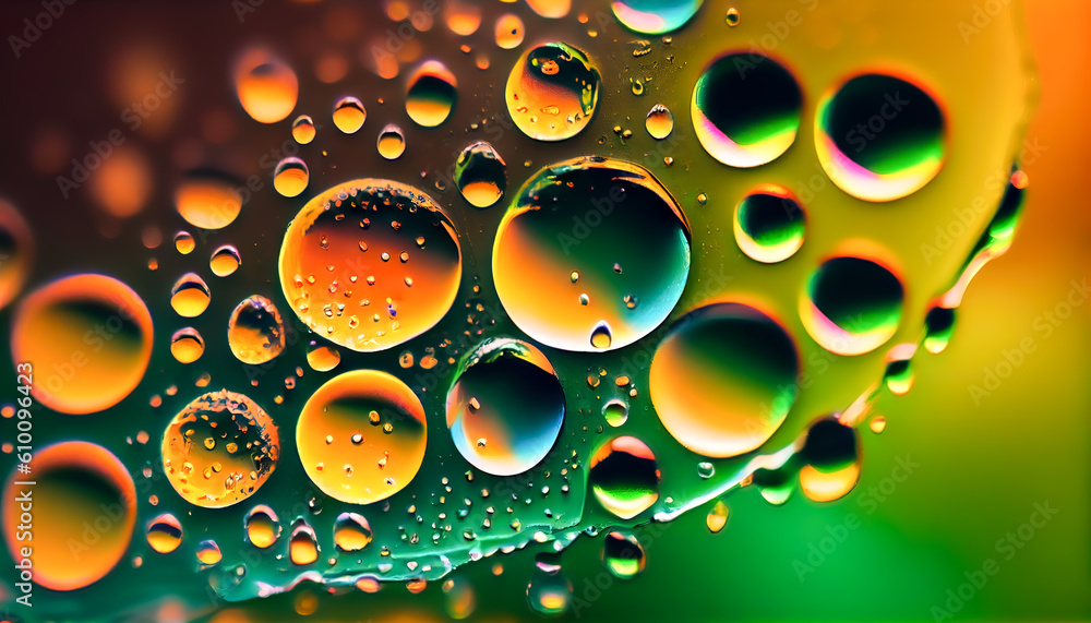 Poster macro shot of water drops on a colorful background with copy space. generative ai
