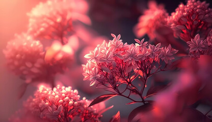 Branch with small red flowers. Banner. Wallpaper. AI generated