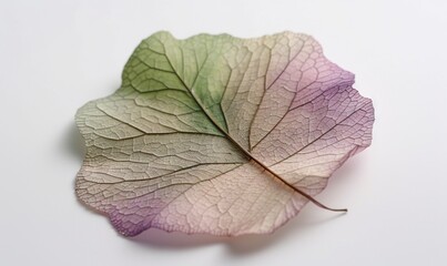 Obraz premium a single leaf is shown on a white surface with a green and purple center piece in the middle of the leaf, with a white background. generative ai