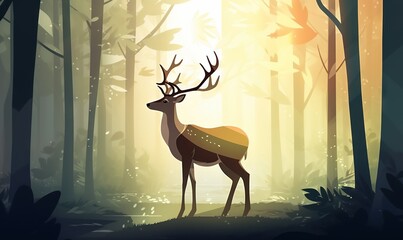  a deer standing in the middle of a forest at night with the sun shining through the trees behind it and a blanket on its back.  generative ai