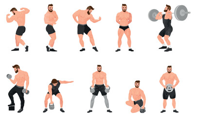 Set of many muscled bodybuilders on white background