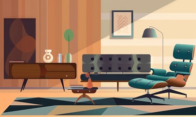  a living room with a couch, chair, table, and a lamp on the wall and a painting on the wall behind the couch.  generative ai