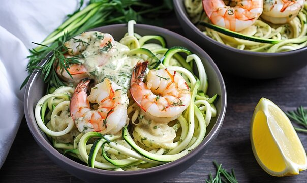  two bowls of shrimp and zucchini pasta with a lemon wedge on the side and a lemon wedge on the side of the bowl.  generative ai