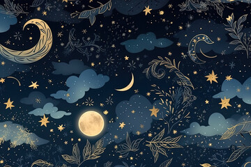 Dreamy and ethereal seamless pattern featuring a celestial night sky with stars and constellations, generative ai