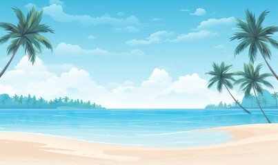 Obraz na płótnie Canvas a painting of a tropical beach with palm trees and a blue sky with clouds in the background and a small island in the middle of the water. generative ai