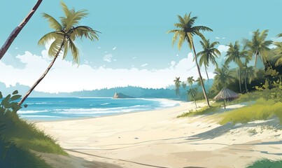  a painting of a tropical beach with palm trees and a hut on the shore of the ocean in the distance is a beach with a hut on the sand and palm trees.  generative ai