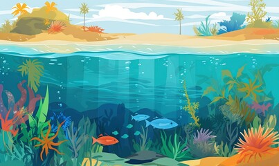  an underwater scene with fish, plants, and sand on the bottom of the water and a sandy beach on the bottom of the water.  generative ai