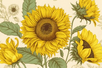 of sunflower painted with s.Designed for fabric luxurious and wallpaper, vintage style.Floral drawing done by hand. Generative AI
