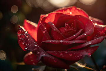 dreamy wallpaper featuring a close-up of a single red rose petal, with dewdrops shining in the sunlight, generative ai