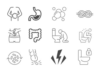 Stomach disease symptoms flat line icons set. Abdominal pain, appendicitis, heartburn, cramps, diarrhea vector illustration. Thin sign for digestion