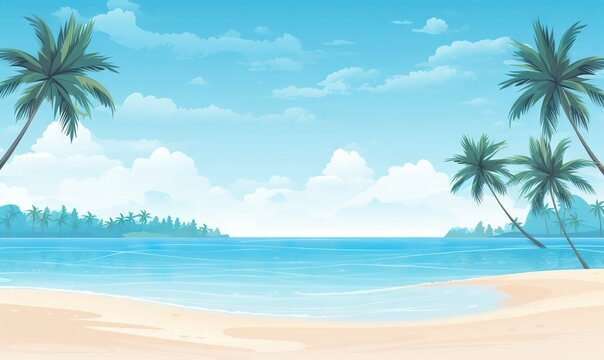  a painting of a tropical beach with palm trees and a blue sky with clouds in the background and a small island in the middle of the water.  generative ai