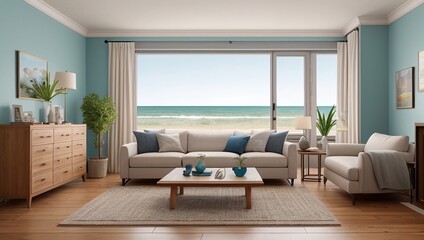 Living room with a view of the ocean, generative ai - obrazy, fototapety, plakaty