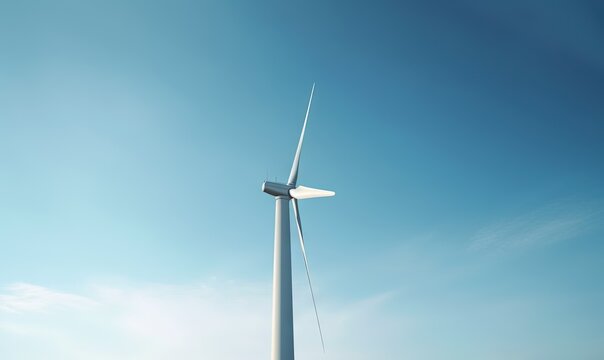  a wind turbine on a sunny day with a blue sky in the background and a few clouds in the sky over the top of it.  generative ai