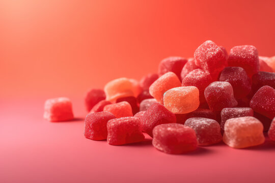Multicolored sweet marmalade candies on a red background with copy space. Jelly candies, confectionery sweets.  Generative AI professional photo imitation.