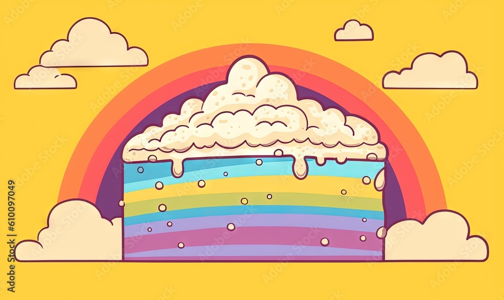 Poster a rainbow cake with clouds and a rainbow in the background with a rainbow in the middle of the cake 