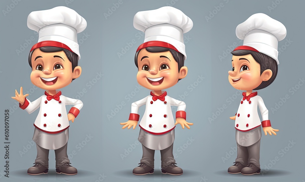 Poster a set of three cartoon chefs with different poses and expressions for each character in a chef's uni
