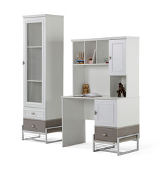 White cupboard with shelves on a white background. desk and shelf book different angle

