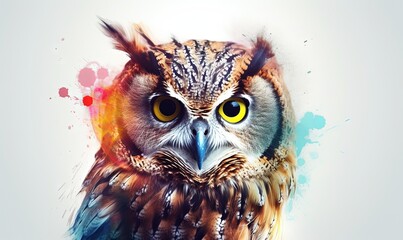  an owl with yellow eyes is standing in front of a white background with a splash of paint on it's face and the owl's head is looking to the side.  generative ai