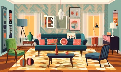  a living room filled with furniture and pictures on the wall behind the couches and chairs and a coffee table with a vase on top of flowers.  generative ai