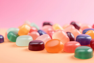 Multicolored round chewy marmalade candies on a pink background with copy space. Jelly candies, confectionery sweets.  Generative AI professional photo imitation.