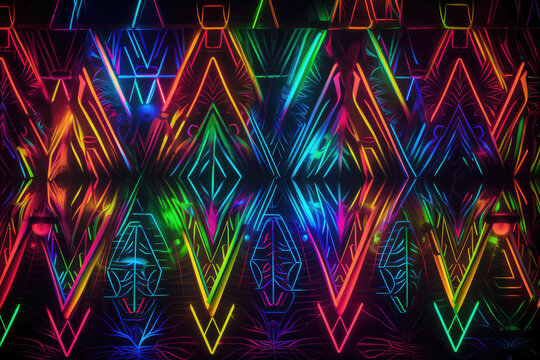 Electric Tribe dynamic and vibrant wallpaper featuring electrifying tribal patterns in neon colors, perfect for adding a pop of energy to any space, generative ai