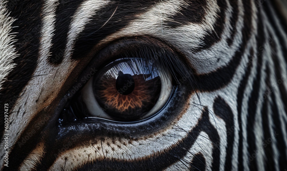 Poster a close up of a zebra's eye with a pattern on it's body and it's brown and black stripes on it. gene