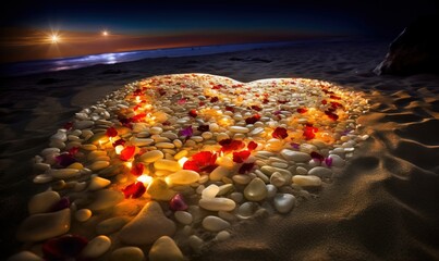 Obraz premium a heart made out of rocks with candles in the middle of it on a beach at night time with a full moon in the background. generative ai